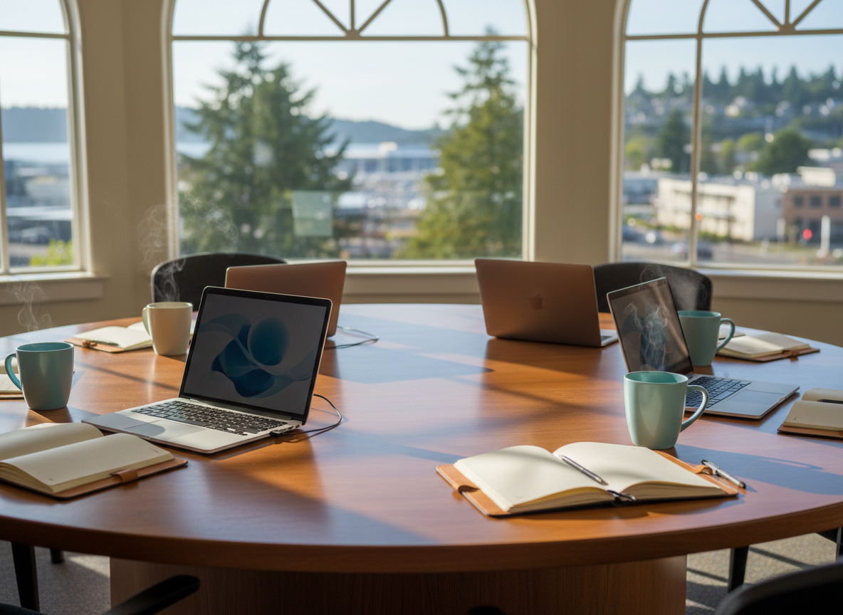 A polished round wooden conference table with a smooth, medium-tone finish, neatly arranged with open leather-bound notebooks, slim silver laptops, and ceramic mugs in muted blues and grays, all positioned in a bright community meeting room. Large windows reveal a soft-focus view of evergreen trees and a coastal townscape suggestive of Edmonds. Gentle afternoon natural light pours in, creating clean, professional shadows and subtle reflections on the table’s surface. Shot at eye level with photographic realism, using a shallow depth of field so the foreground details are crisp while the background softly blurs, conveying a calm, collaborative, and welcoming atmosphere suited for a professional women’s group website hero image.
